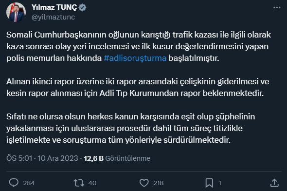 Somali Cumhurbaşkanı'nın oğlunun karıştığı trafik kazasıyla ilgili olarak ilk değerlendirmeyi yapan polis memurları hakkında soruşturma