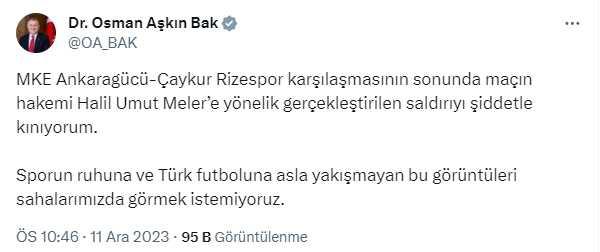 Ankaragücü Başkanı Faruk Koca, Rizespor maçı sonrası Hakem Halil Umut Meler'e yumruk attı