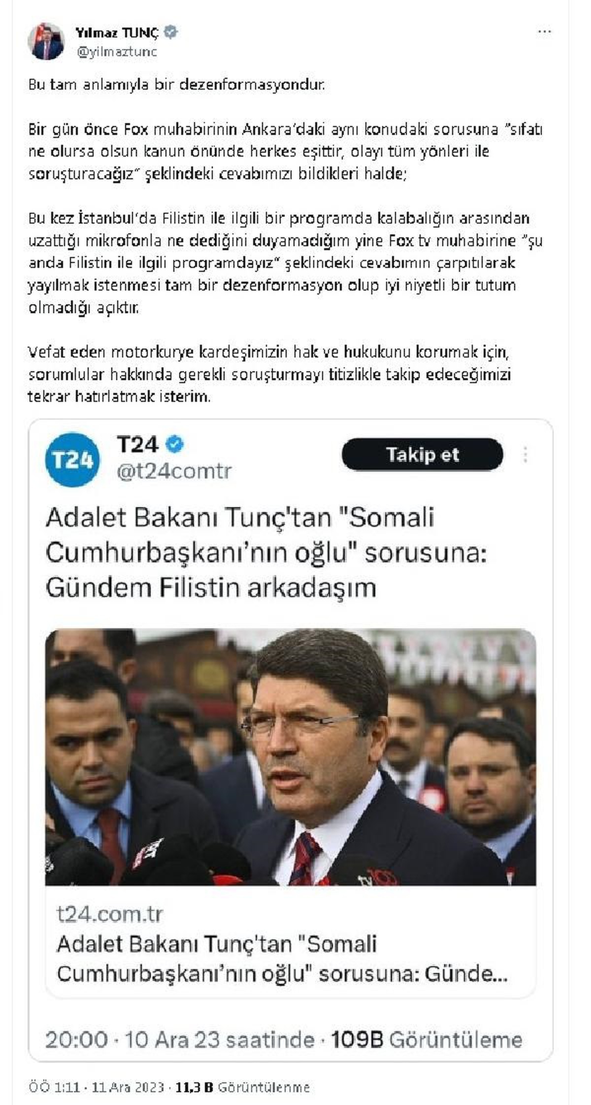 Adalet Bakanı Yılmaz Tunç, motokurye kazasıyla ilgili açıklama yaptı