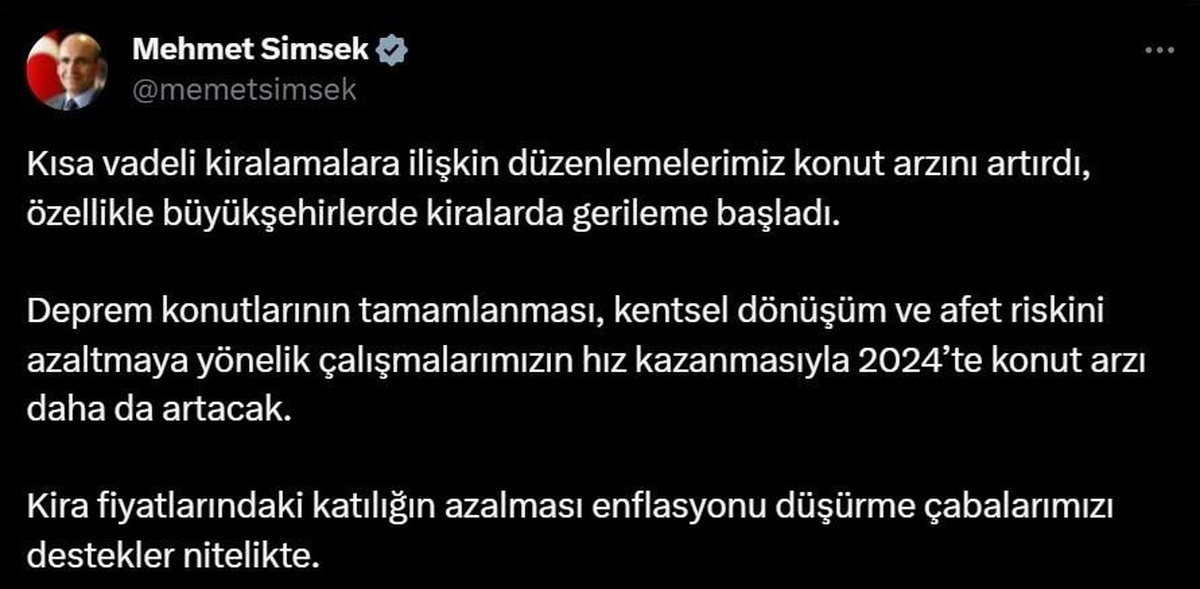 Şimşek: Kira fiyatlarındaki gerileme enflasyonu düşürmeye yardımcı olacak