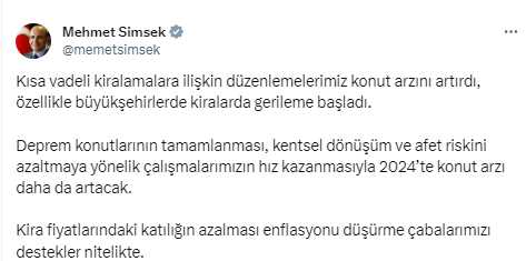 Bakan Şimşek: Kiralarda gerileme başladı