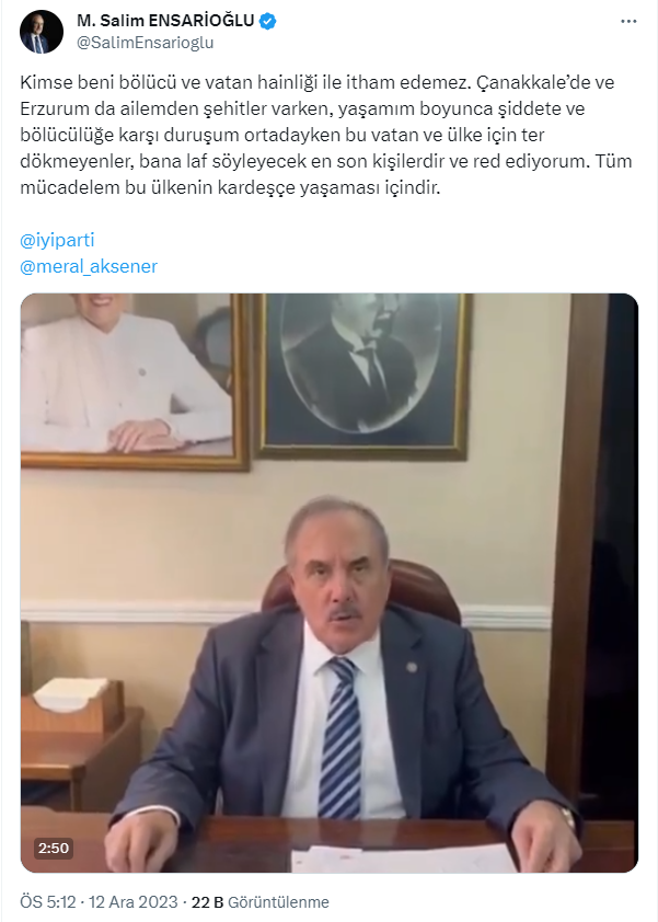 İYİ Parti İstanbul Milletvekili Salim Ensarioğlu, Şeyh Said açıklamaları nedeniyle disipline sevk edildi