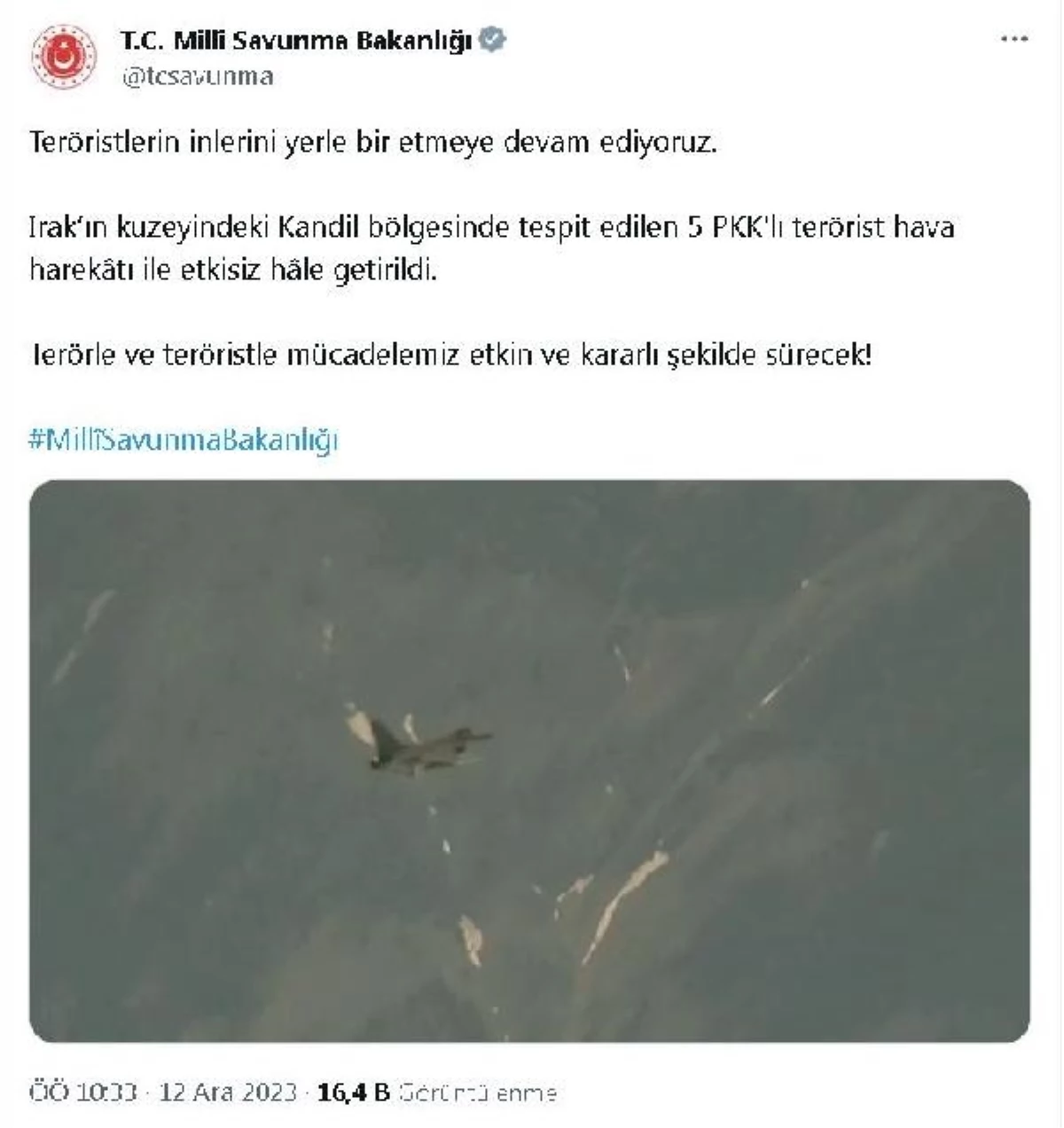 MSB: Kandil\'de 5 PKK\'lı terörist etkisiz hale getirildi
