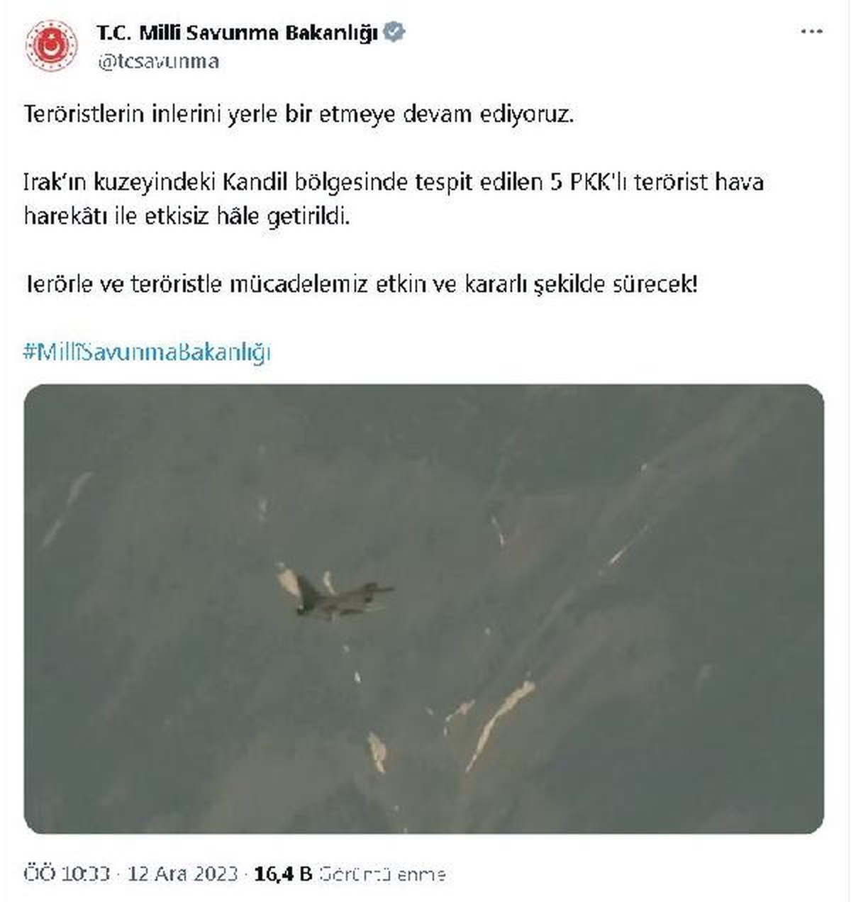 MSB: Kandil\'de 5 PKK\'lı terörist etkisiz hale getirildi