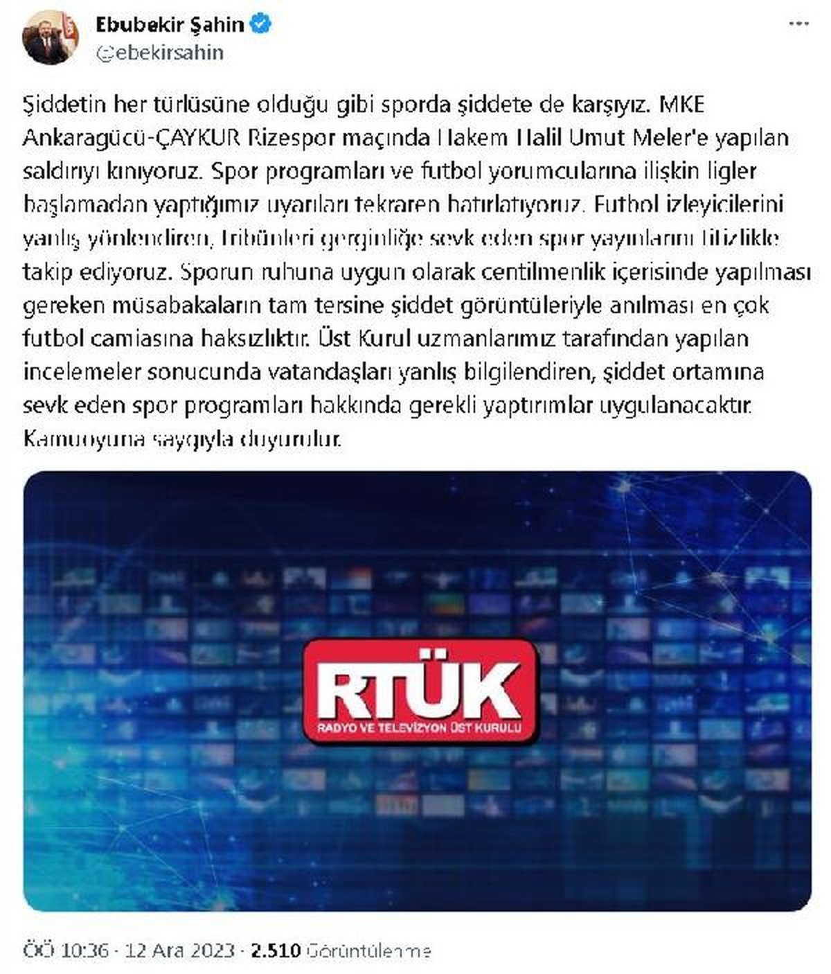 RTÜK Başkanı Şahin: Yanlış bilgilendiren spor programlarına yaptırım uygulanacak