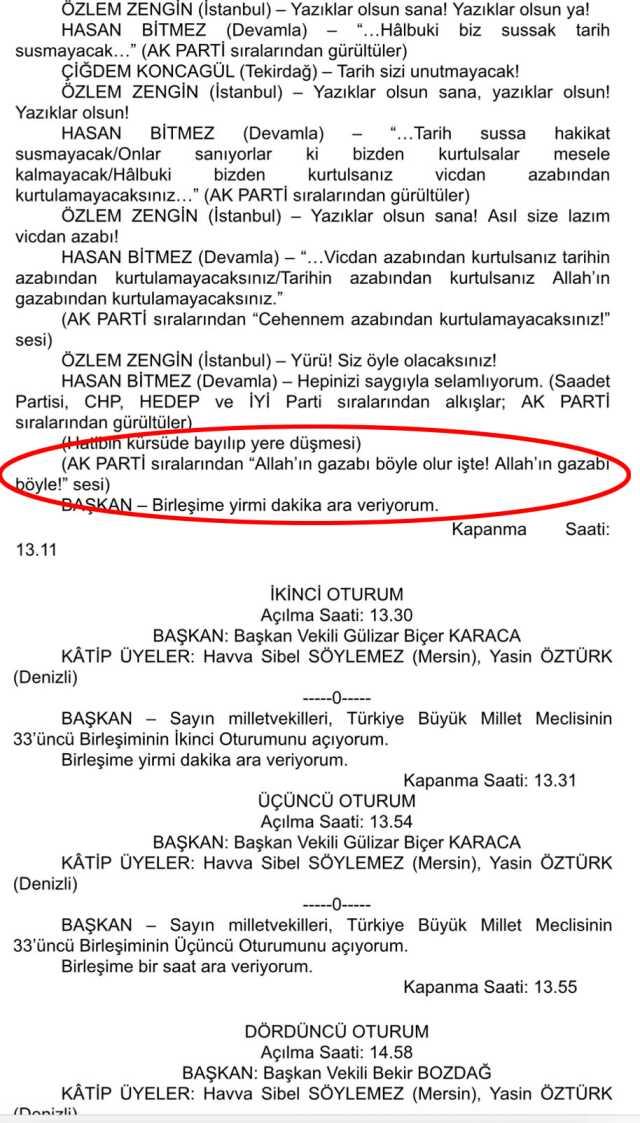 SP milletvekili Bitmez yere yığılırken AK Parti sıralarından 'Allah'ın gazabı böyle olur' diye bağırıldığı tutanağa geçti