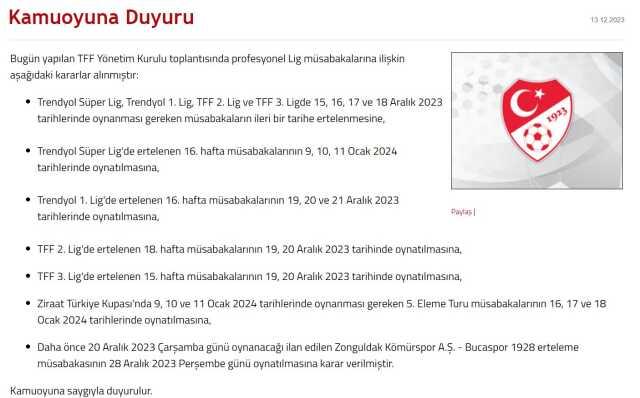 Ziraat Türkiye Kupası 5. Tur maçları 16-17-18 Ocak'ta oynanacak
