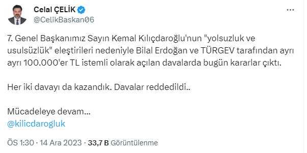 Bilal Erdoğan ve TÜRGEV'in Kılıçdaroğlu'na açtığı tazminat davaları karar Bilal Erdoğan ve TÜRGEV'in Kılıçdaroğlu'na açtığı tazminat davaları karar