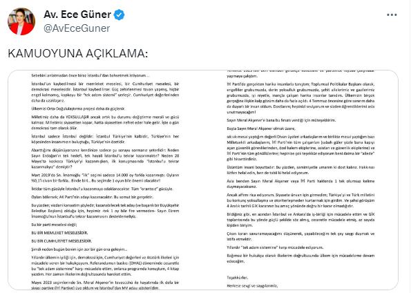 İYİ Parti Genel Başkan Yardımcısı Ece Güner istifa etti