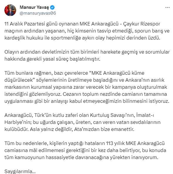 Yavaş'tan 'Ankaragücü küme düşürülecek' iddialarına tepki: Kişilerin hataları camiaya mal edilmemeli Yavaş'tan 'Ankaragücü küme düşürülecek' iddialarına tepki: Kişilerin hataları camiaya mal edilmemeli