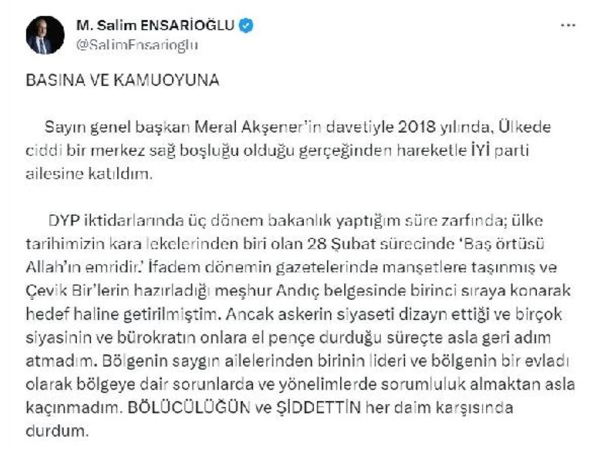 İYİ Parti İstanbul Milletvekili Salim Ensarioğlu Partiden İstifa Etti