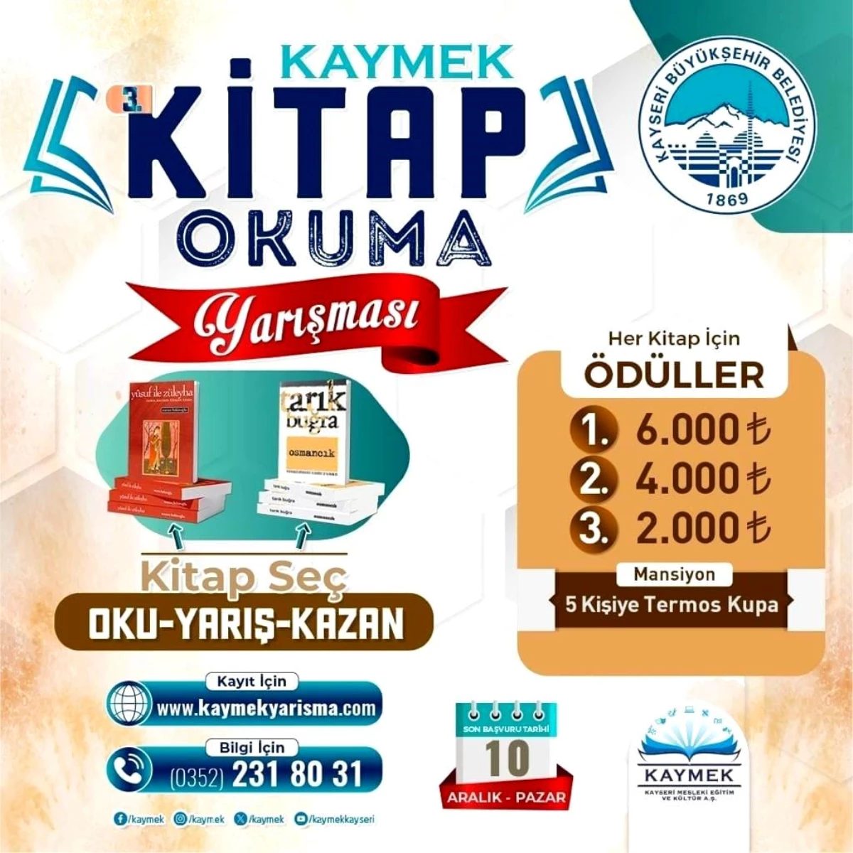 Kayseri Büyükşehir Belediyesi 3. KAYMEK Kitap Okuma Yarışması Başlıyor