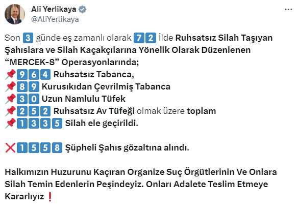 İçişleri Bakanı Yerlikaya: Mercek-8 Operasyonunda 1335 Silah Ele Geçirildi