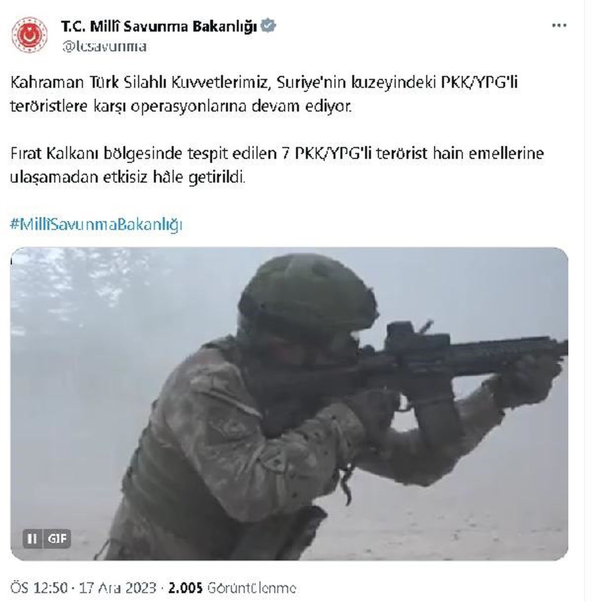 Fırat Kalkanı bölgesinde 7 PKK/YPG\'li terörist etkisiz hale getirildi