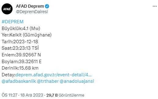 Gümüşhane'nin Kelkit ilçesinde 4,1 büyüklüğünde deprem