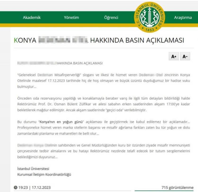 İstanbul Üniversitesi Rektörü kaldığı oteli beğenmeyince, resmi siteden açıklama yaptırdı! Tepki yağınca sildiler