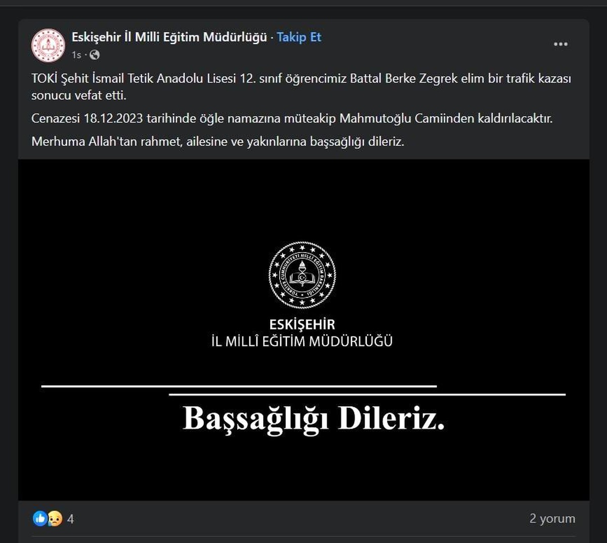 Trafik kazasında hayatını kaybeden öğrenci için taziye mesajı yayımlandı