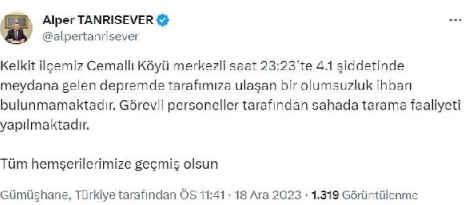 Gümüşhane Valisi: Depremde olumsuzluk ihbarı yok