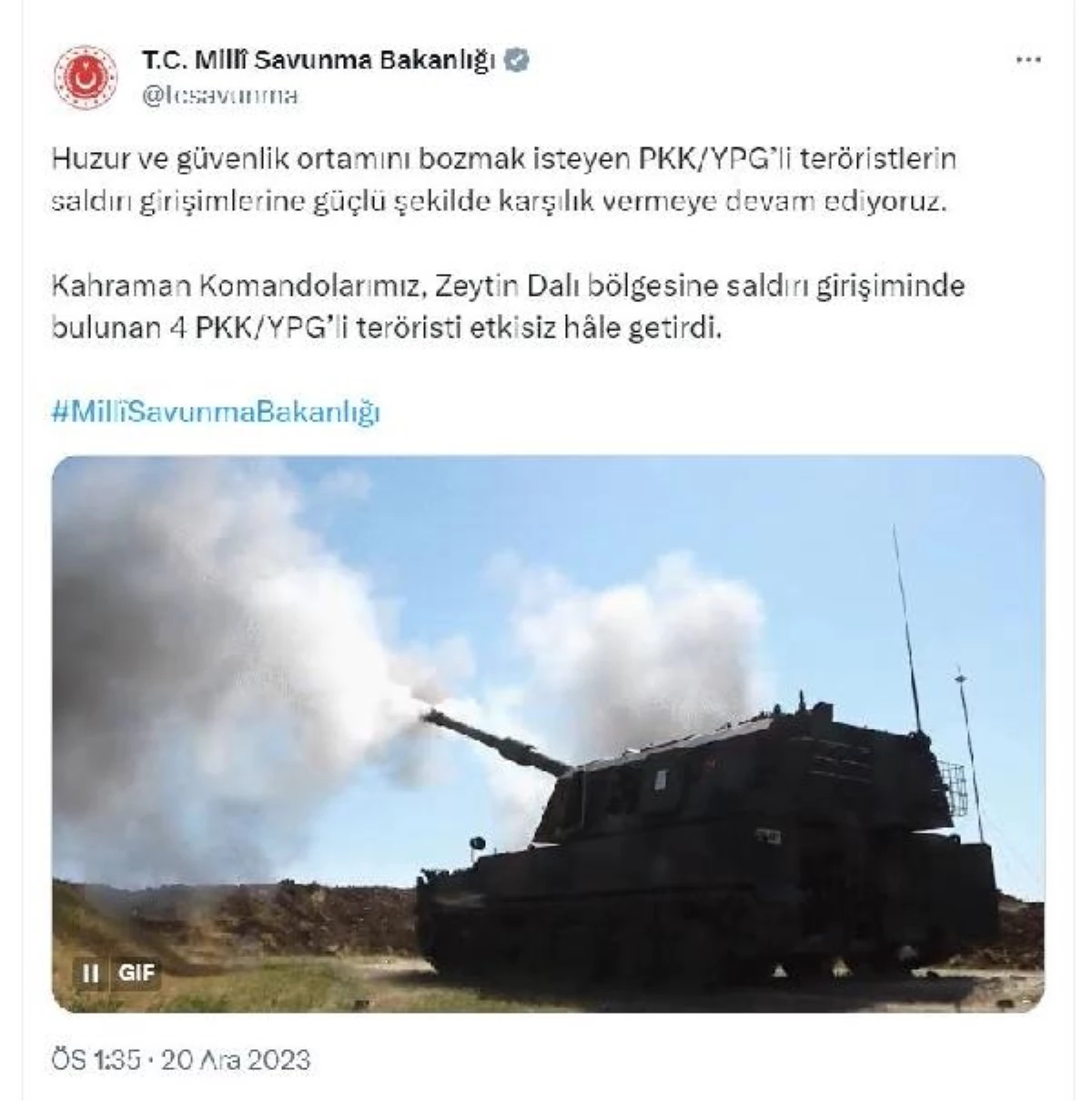 MSB: "Kahraman komandolarımız, Zeytin Dalı bölgesine saldırı girişiminde bulunan 4 PKK/YPG\'li teröristi etkisiz hâle getirdi."