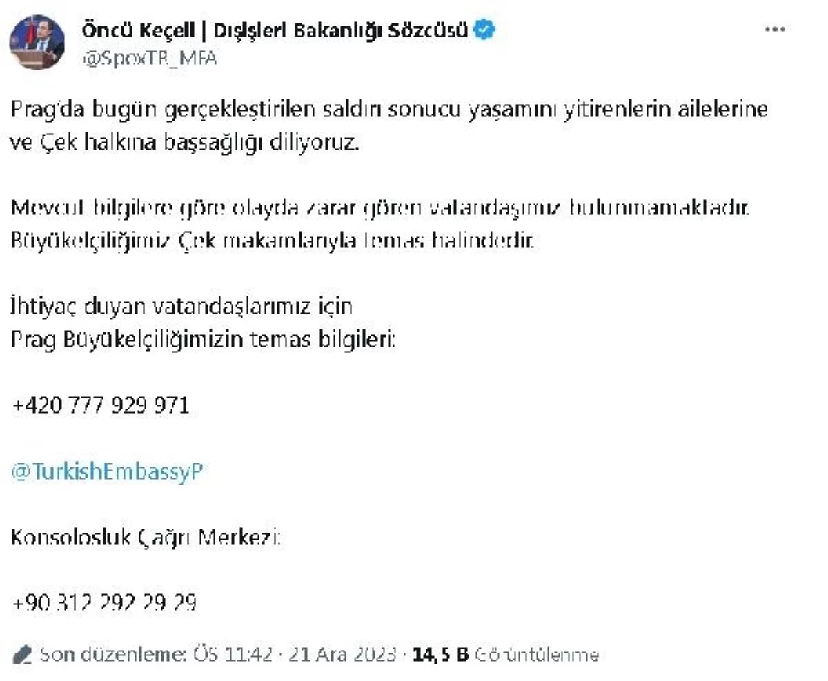 Dışişleri Bakanlığı\'ndan Prag saldırısıyla ilgili başsağlığı mesajı