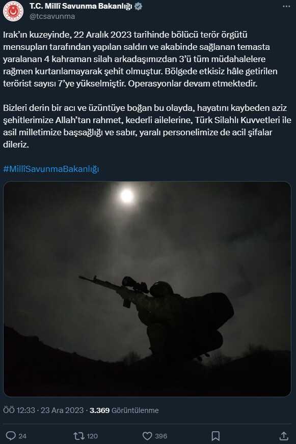 Irak'ın kuzeyinde terör örgütünün saldırısı sonucu 3 askerimiz şehit oldu, 4 askerimiz yaralandı