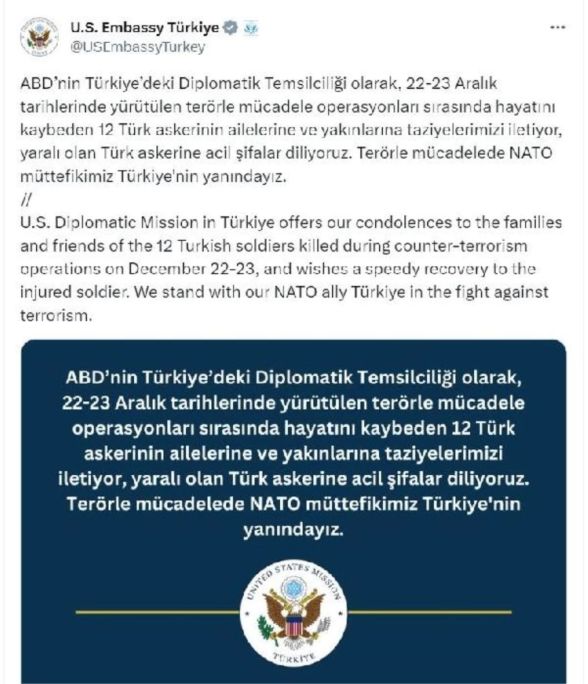 ABD Büyükelçiliği: Terörle mücadelede Türkiye\'nin yanındayız