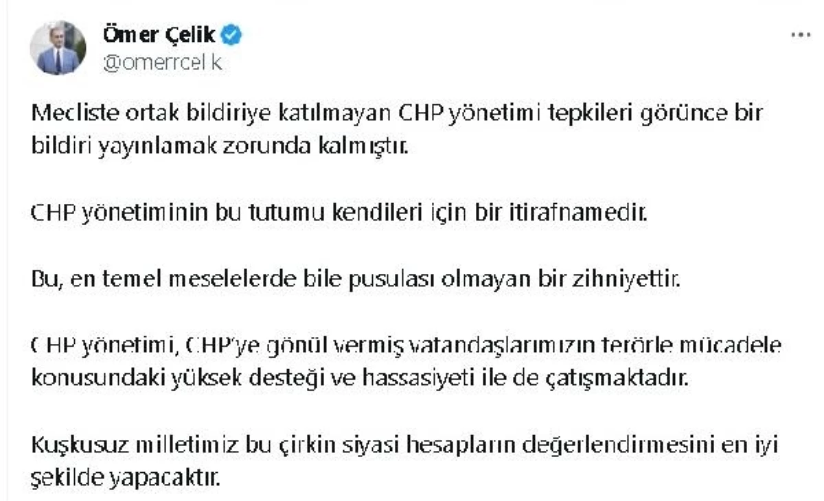 AK Parti Sözcüsü Çelik, CHP\'yi terörle mücadelede saf tutmamakla eleştirdi