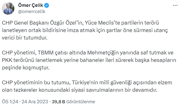 AK Parti Sözcüsü Çelik: 'CHP Genel Başkanı Özgür Özel'in, Yüce Meclis'te partilerin terörü lanetleyen ortak bildirisine imza atmak için şartlar öne...