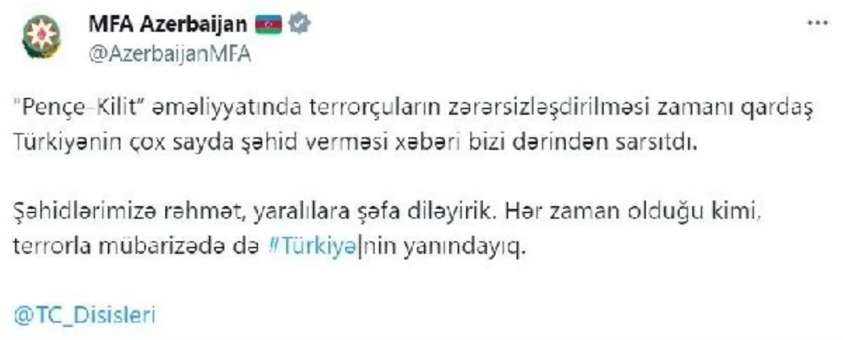 Azerbaycan Dışişleri Bakanlığı: Terörle mücadelede Türkiye\'nin yanındayız
