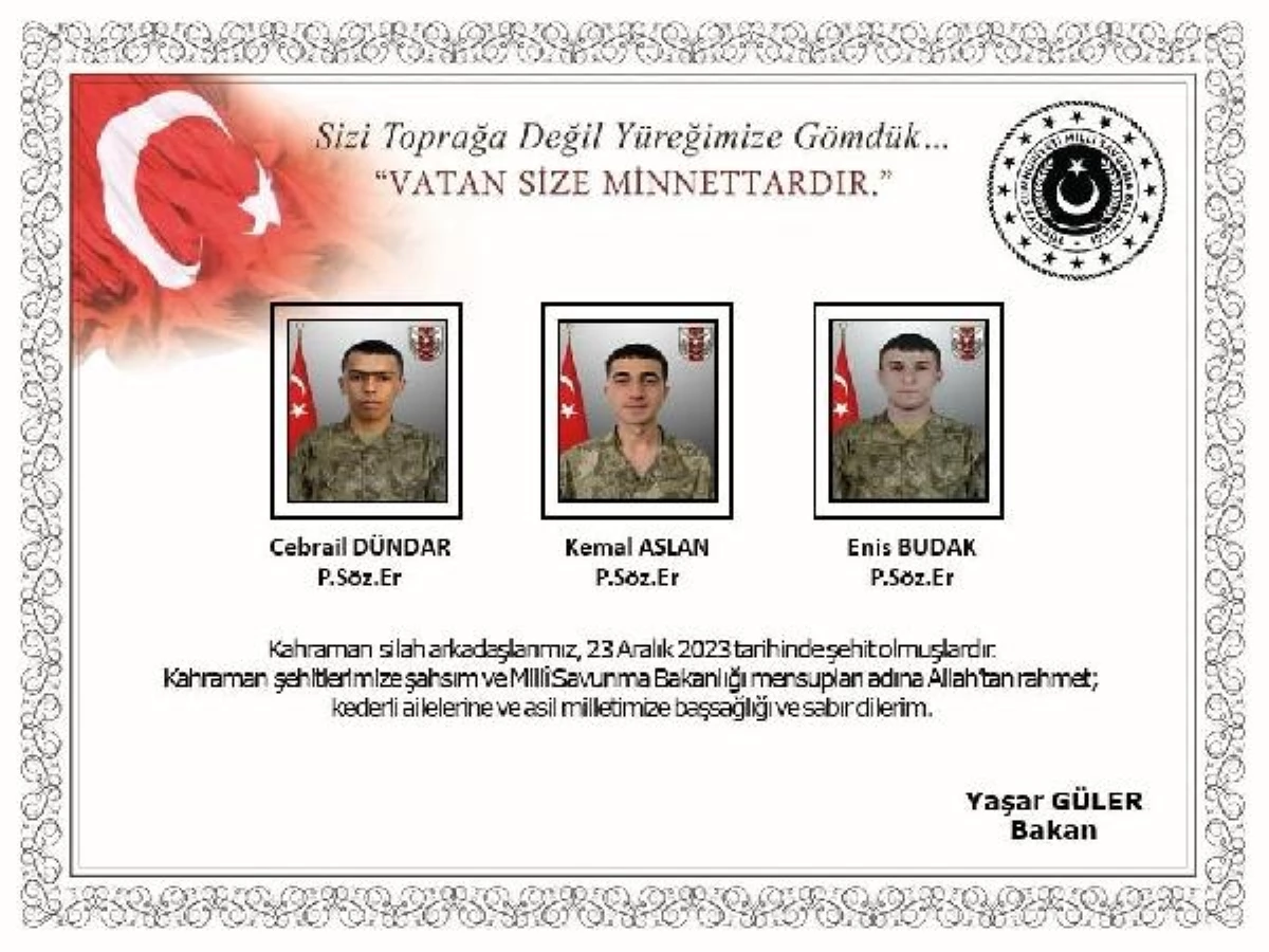 Milli Savunma Bakanı Güler\'den şehit askerler için taziye mesajı