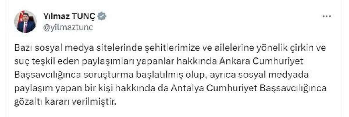Adalet Bakanı Tunç\'tan şehitler ve ailelerine yönelik paylaşımlara ilişkin açıklama Açıklaması
