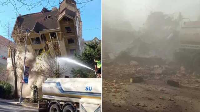 Esenyurt'ta 6 katlı bina, kontrollü yıkımı sırasında caddeye doğru çöktü Esenyurt'ta 6 katlı bina, kontrollü yıkımı sırasında caddeye doğru çöktü