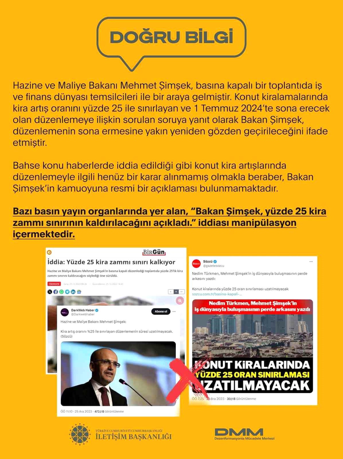 İletişim Başkanlığı: Bakan Şimşek\'in kira zammı sınırıyla ilgili açıklaması doğru değil