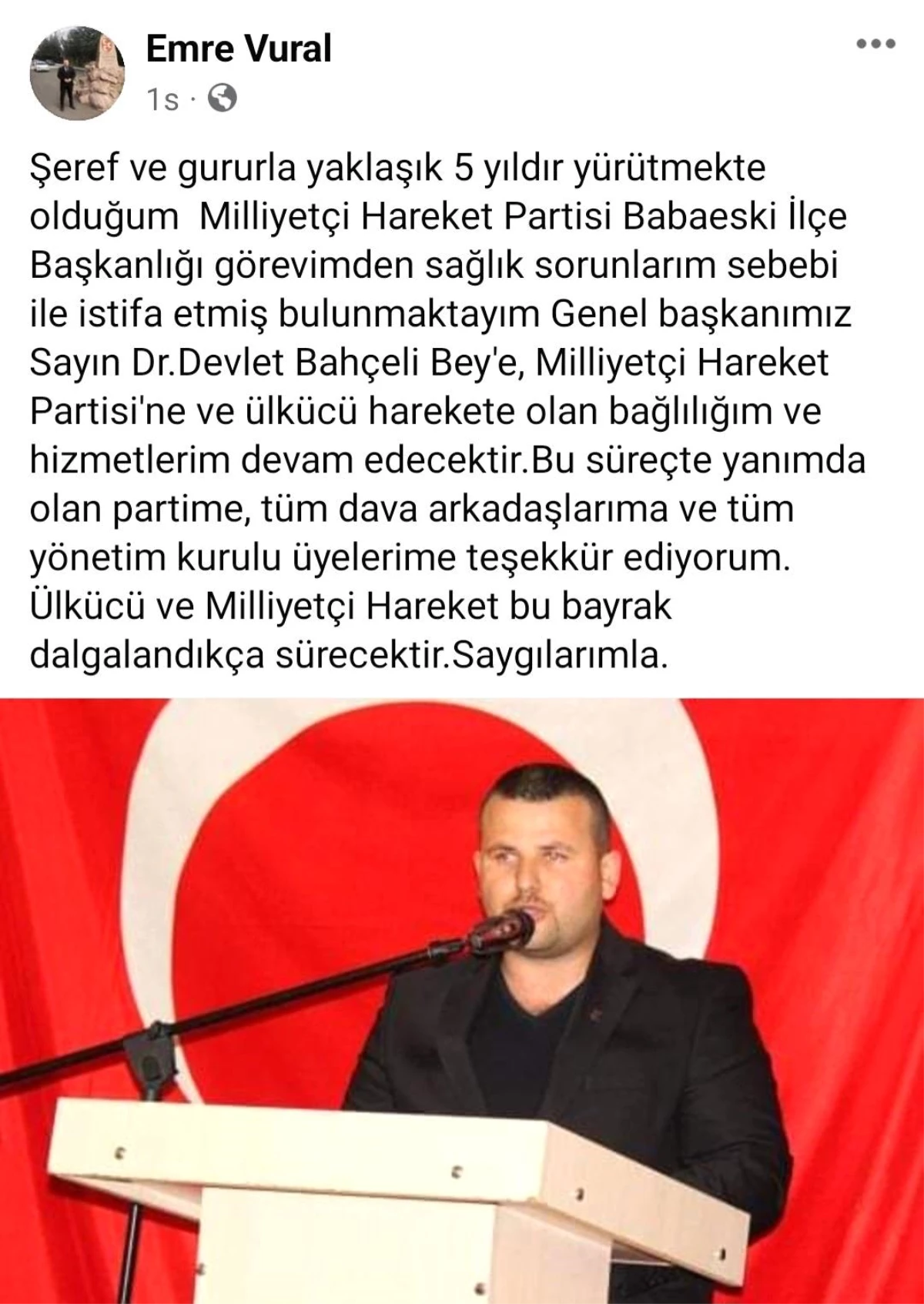 MHP Babaeski İlçe Başkanı Emre Vural, sağlık sorunları nedeniyle istifa etti
