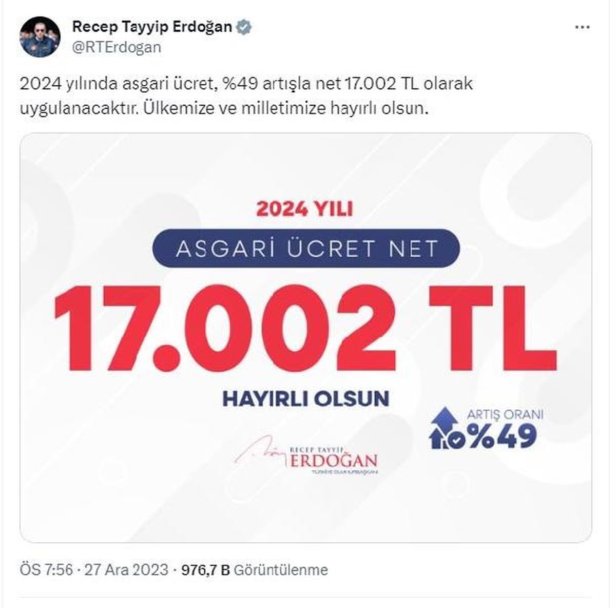 Cumhurbaşkanı Erdoğan, 2024 yılında geçerli olacak asgari ücreti açıkladı