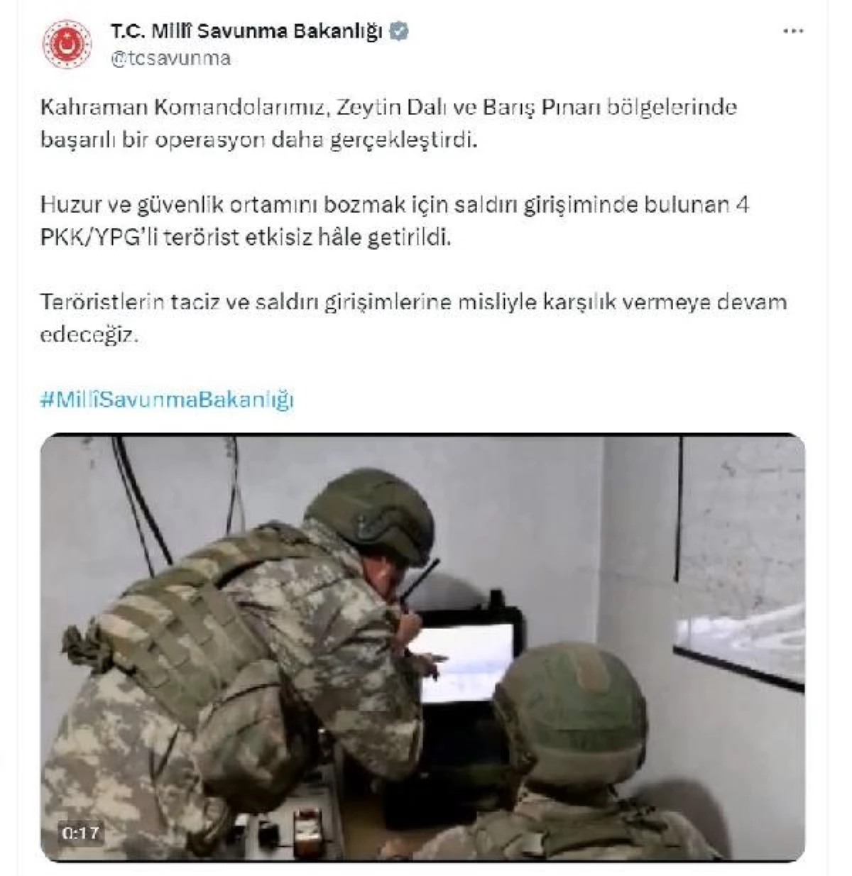MSB: Zeytin Dalı ve Barış Pınarı bölgelerinde 4 PKK/YPG\'li terörist etkisiz hale getirildi