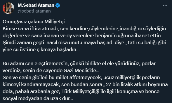 Sinan Oğan, kendisine 'Omurgasız çakma milliyetçi' diyen İYİ Partili Sebati Ataman'ı, Meral Akşener'e şikayet etti