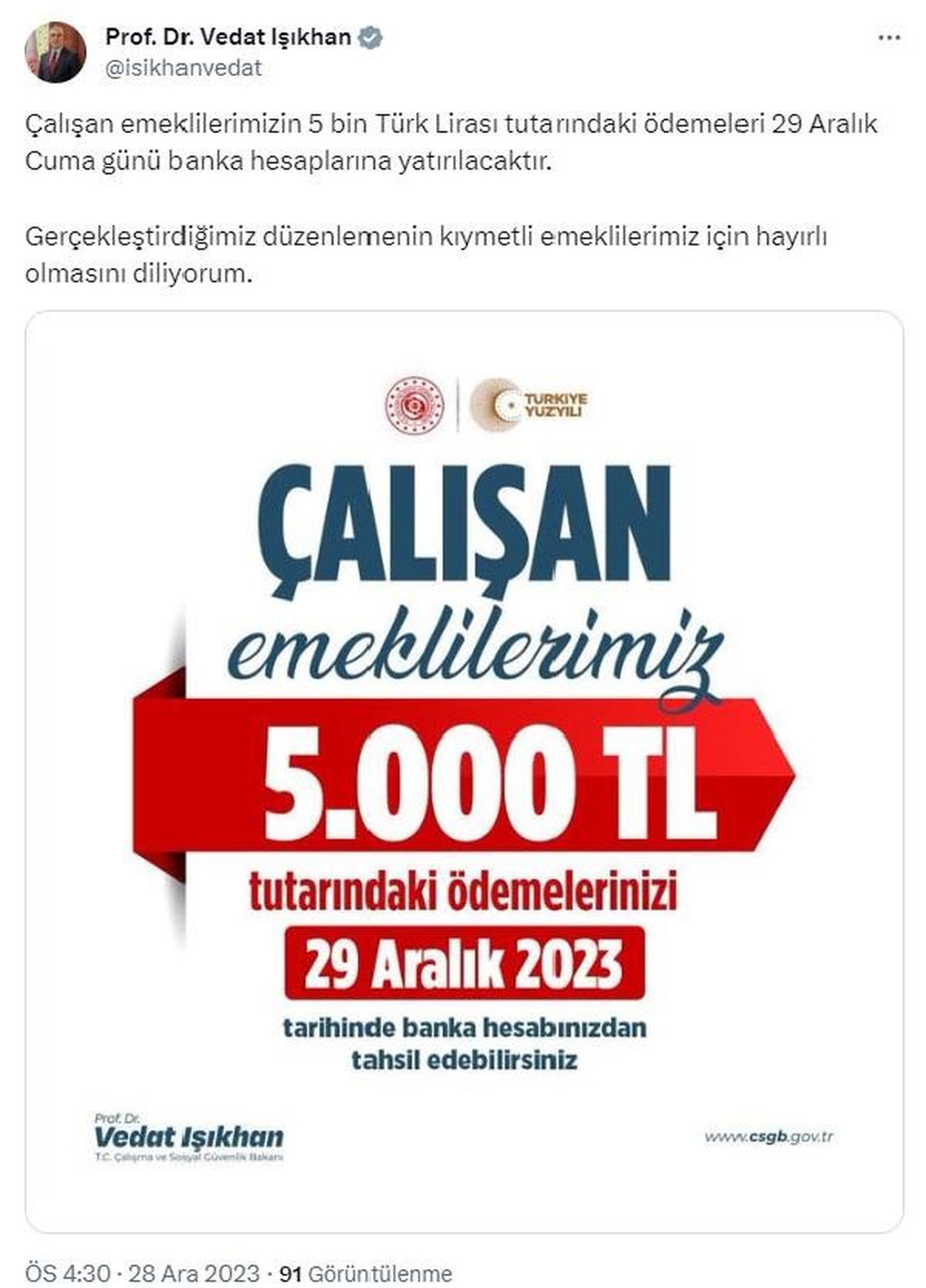 Çalışan Emeklilere 5 Bin TL Ödeme 29 Aralık\'ta Yatırılacak