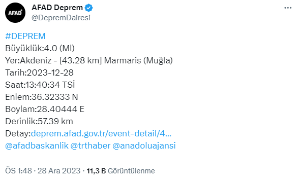 Muğla açıklarında 4 büyüklüğünde deprem meydana geldi