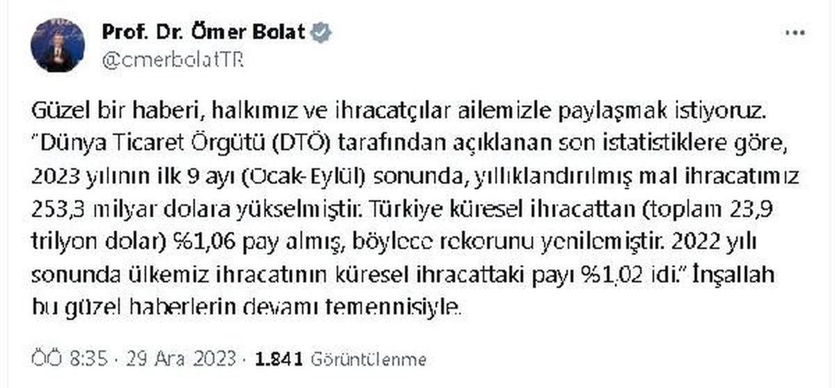 Türkiye\'nin yıllıklandırılmış mal ihracatı 253,3 milyar dolara yükseldi