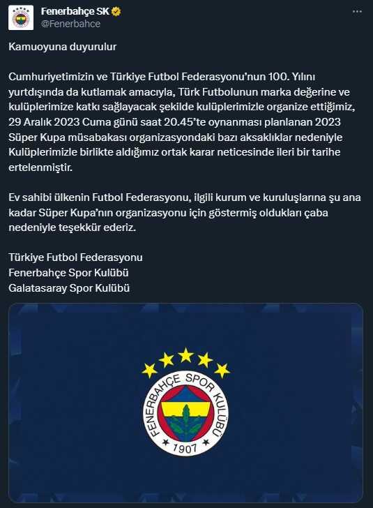 Fenerbahçe ve Galatasaray'dan ortak açıklama: Süper Kupa finali ileri bir tarihe ertelendi