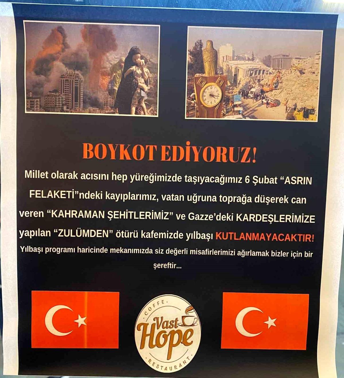 Adıyaman\'da kafe, deprem ve zulüm nedeniyle yılbaşı kutlaması yapmayacak