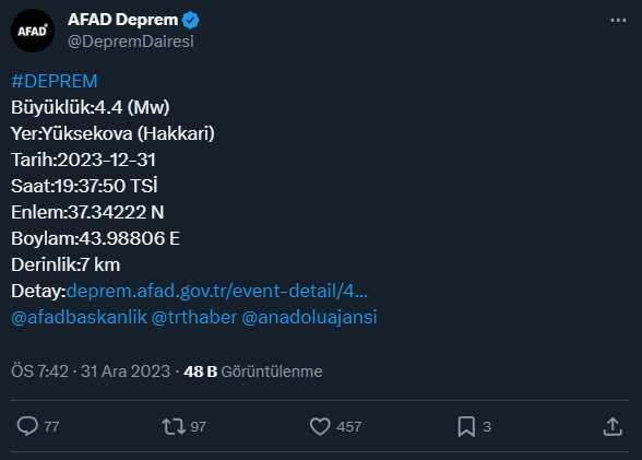 Hakkari'de 4,4 ve 3,5 büyüklüğünde peş peşe depremler meydana geldi Hakkari'de 4,4 ve 3,5 büyüklüğünde peş peşe depremler meydana geldi