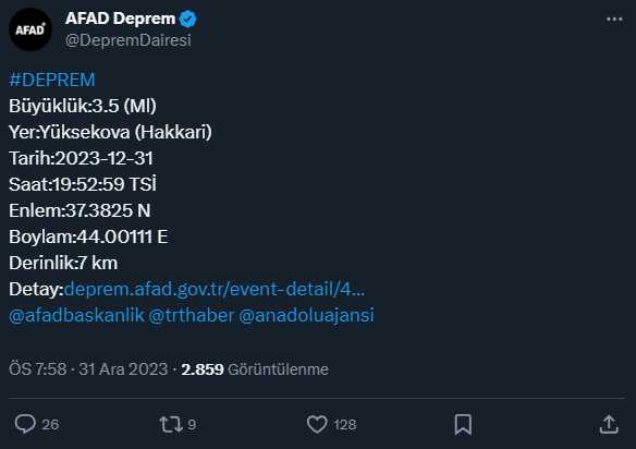 Hakkari'de 4,4 ve 3,5 büyüklüğünde peş peşe depremler meydana geldi Hakkari'de 4,4 ve 3,5 büyüklüğünde peş peşe depremler meydana geldi