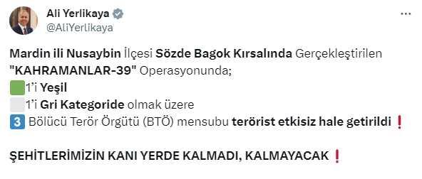 Mardin'de 1'i yeşil 1'i gri kategoride olmak üzere 3 terörist etkisiz hale getirildi