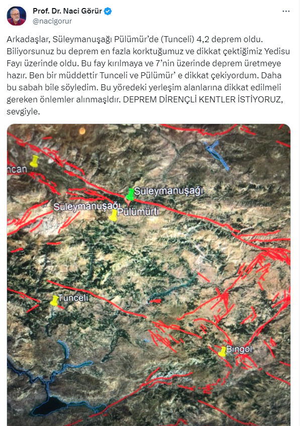 Naci Görür'den Tunceli'deki 4,2'lik sarsıntının ardından korkutan uyarı: Bu fay 7 üzerinde deprem üretmeye hazır