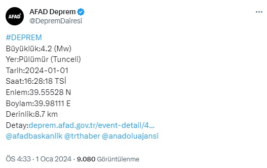 Tunceli'de 4,2 büyüklüğünde deprem meydana geldi