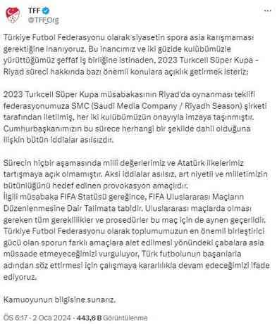 TFF'den Süper Kupa finali sürecine ilişkin açıklama