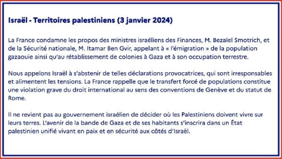 Fransa, İsrailli bakanların Filistinlilerin Gazze\'den göç etmesini savunan açıklamalarını kınadı