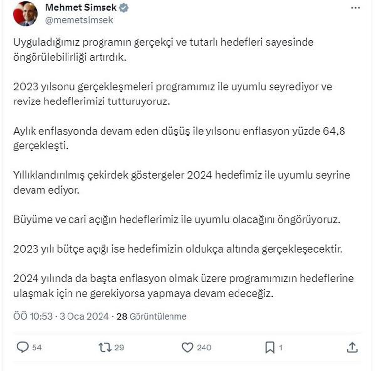Şimşek: 2024 yılında da hedeflerimize ulaşmak için çalışmaya devam edeceğiz